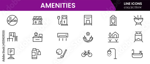 amenities facilities line icons, hotel parking restaurant park swimming pool, Vector illustration