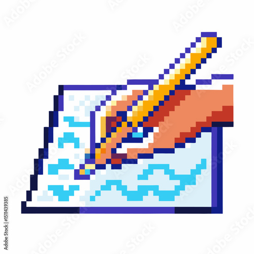Pixel art hand drawing with pencil on notepad colorful sketching, creativity and digital illustration concept