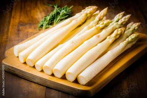 Fresh white asparagus spears on wooden board with herbs
