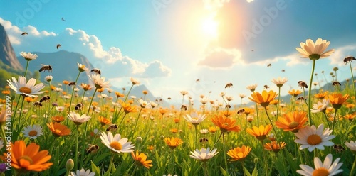 A vibrant sun shines down on a field of wildflowers, buzzing with bees; a scene of pure, unadulterated joy and blissful serenity , flourishing, organic