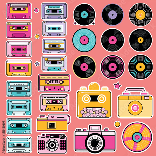 Colorful retro sticker set with cassette tapes, vinyl records, and vintage cameras in bright pop-art style. Perfect for nostalgic designs, scrapbooking, or creative branding.