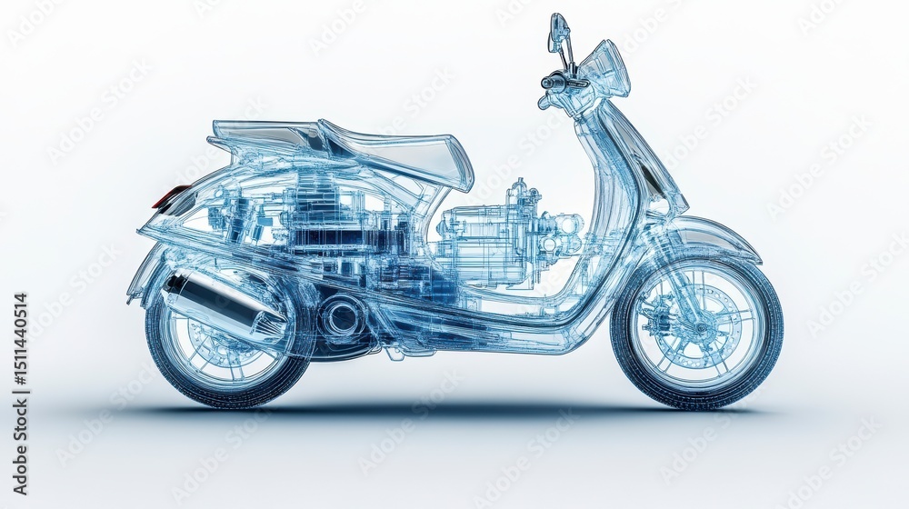 Obraz premium A dynamic 3D of a modern hydrogen classic scooter with semi transparent elements, showing a view of its internal. cut out.