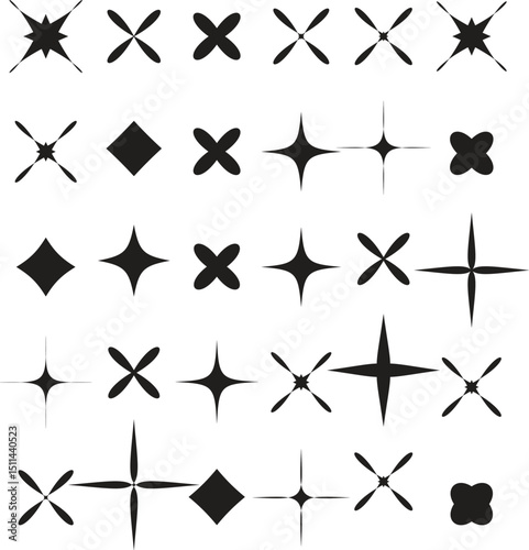 Set of trendy flower silhouette, floral symmetrical tattoo shape vector, plant symbols in Y2K aesthetics, Collection of various form, stickers assets, abstract geometric graphic elements
