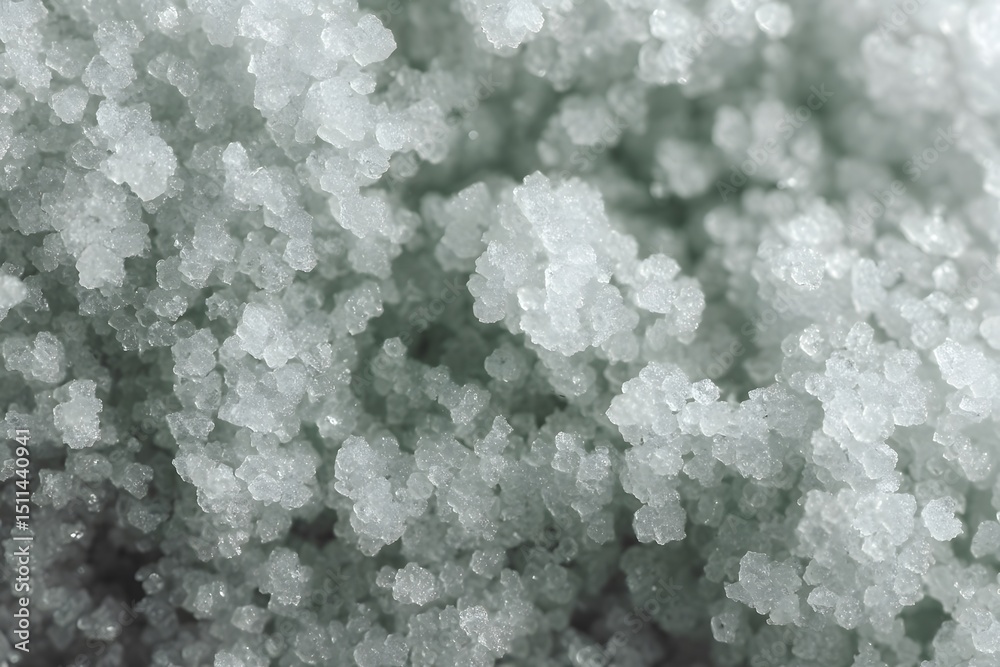 Obraz premium Close-up view of tiny salt crystals formation, showcasing its texture and structure. The salt crystals have a translucent quality and a soft, sparkling appearance.