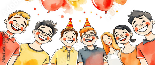 Kids Birthday Party in Watercolor Style – Child Blowing Candles, Gifts, Family and friend Celebration  with Cake and Sweets. vector illustration.