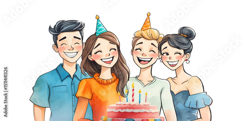 Kids Birthday Party in Watercolor Style – Child Blowing Candles, Gifts, Family and friend Celebration  with Cake and Sweets. vector illustration.
