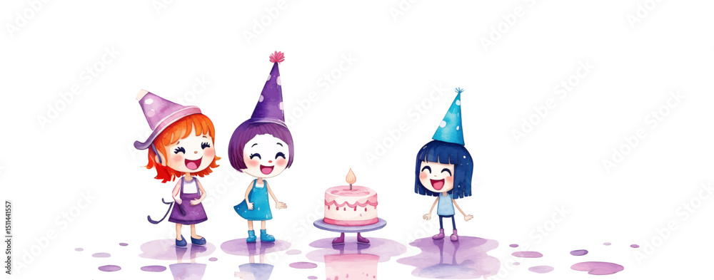 Fototapeta premium Kids Birthday Party in Watercolor Style – Child Blowing Candles, Gifts, Family and friend Celebration with Cake and Sweets. vector illustration.