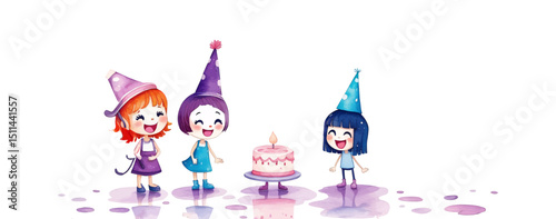 Kids Birthday Party in Watercolor Style – Child Blowing Candles, Gifts, Family and friend Celebration  with Cake and Sweets. vector illustration.