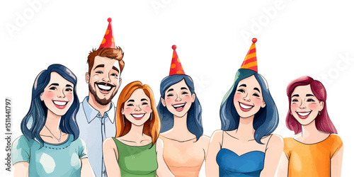 Happy Men and Women Celebrating – Joyful Cartoon Characters Jumping with Party Hats on Birthday Background Illustration.