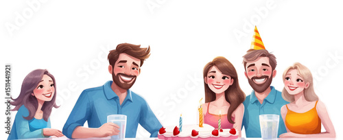 Kids Birthday Party in Watercolor Style – Child Blowing Candles, Gifts, Family and friend Celebration  with Cake and Sweets. vector illustration.
