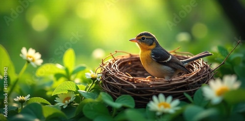 Cozy bird's nest nestled amongst lush green leaves and delicate wildflowers, sunlight dappling through the branches Perfect for spring or nature themes , macro, summer, calm