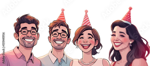 Kids Birthday Party in Watercolor Style – Child Blowing Candles, Gifts, Family and friend Celebration  with Cake and Sweets. vector illustration.