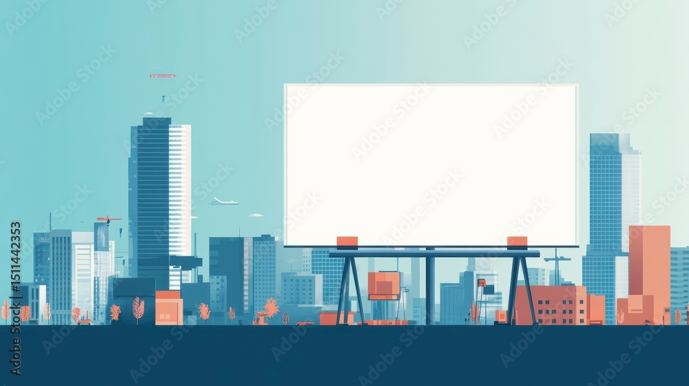 Obraz premium A flat style illustration of a blank white advertisement board placed in a bustling city environment. The signboard is clean and large, positioned on the side of a modern building.