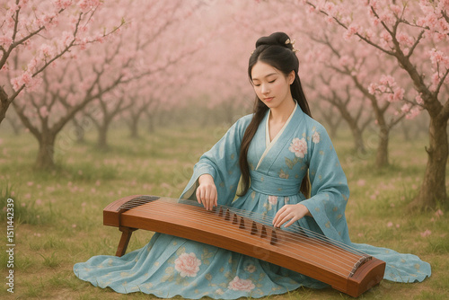 A young woman, appearing to be of East Asian descent, gracefully plays a traditional guzheng (Chinese zither) while seated amidst a beautiful orchard of blooming cherry blossom trees. 