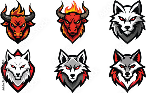 A set of wolf head face portraits features the profile of an angry, roaring animal with its mouth open, showcasing a wild canine predator mammal in a simple black and white linocut tattoo silhouette
