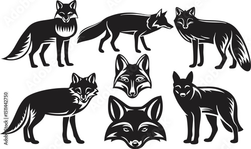 Multiple Fox Vector Illustration – Stylized Wild Animals in Various Poses.
