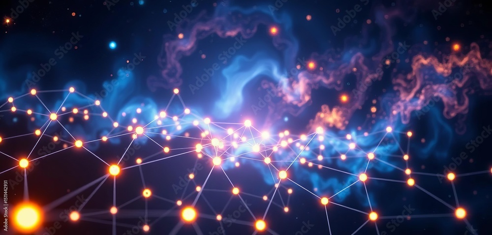 Fototapeta premium Abstract glowing network nodes in deep space, swirling nebula backdrop, technology, intelligence