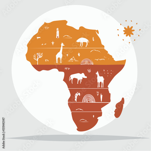 Vector silhouette of the African continent in rich earthy colors with minimal accents, ideal for education, travel, and cultural themes.