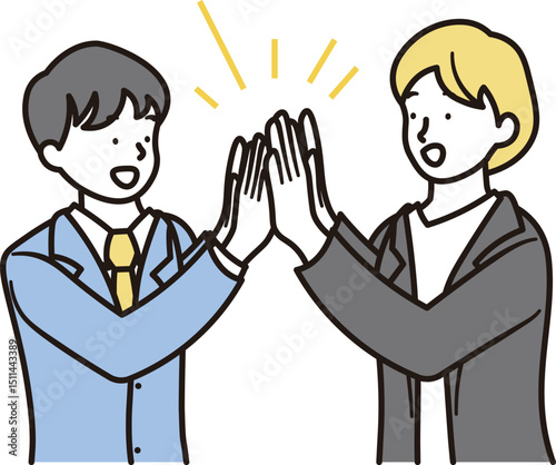 笑顔で喜んでいる男子高校生と先生がハイタッチしているシンプルな上半身のイラスト素材