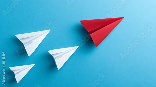 Red paper plane leading two white paper planes on blue background, symbolizing leadership innovation . Free Download Red paper plane leading two white paper planes on blue background, symbolizing leadership innovation . - GFXLoad