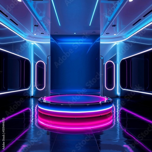 Transparent futuristic glass podium emitting cyan neon pulses in a tech-style room. Clean, minimal, and high-resolution, perfect for digital product mockups