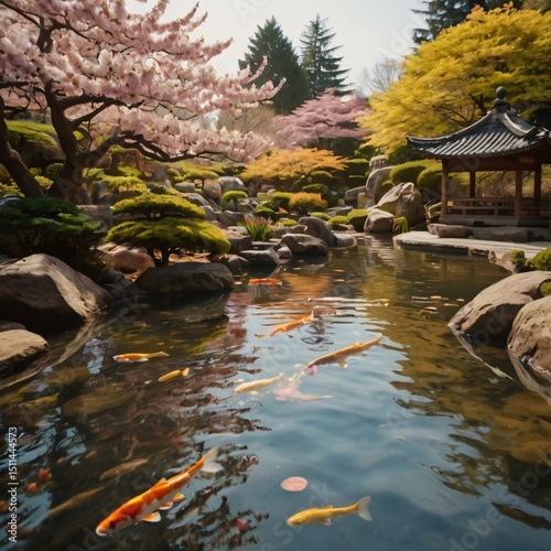Realistic Springtime View of a Japanese Garden with Sakura and Koi Pond