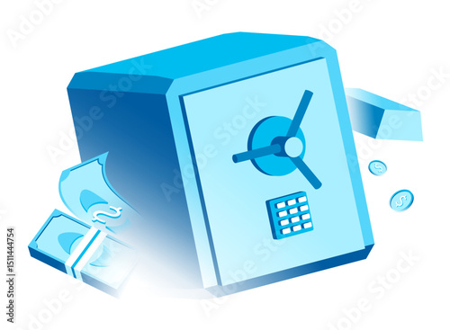 Money safe with banknotes, coins and gold bars