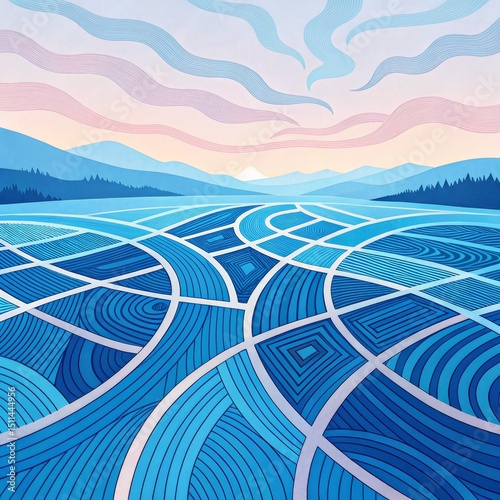 Abstract Blue Landscape Cur...