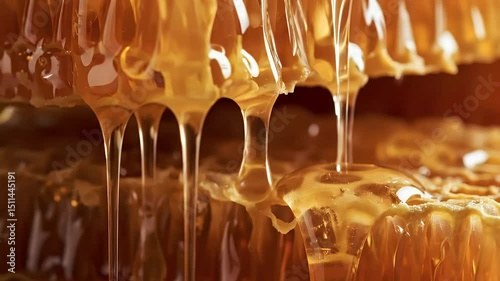 Honey flows down the honeycomb. Fresh honey drips