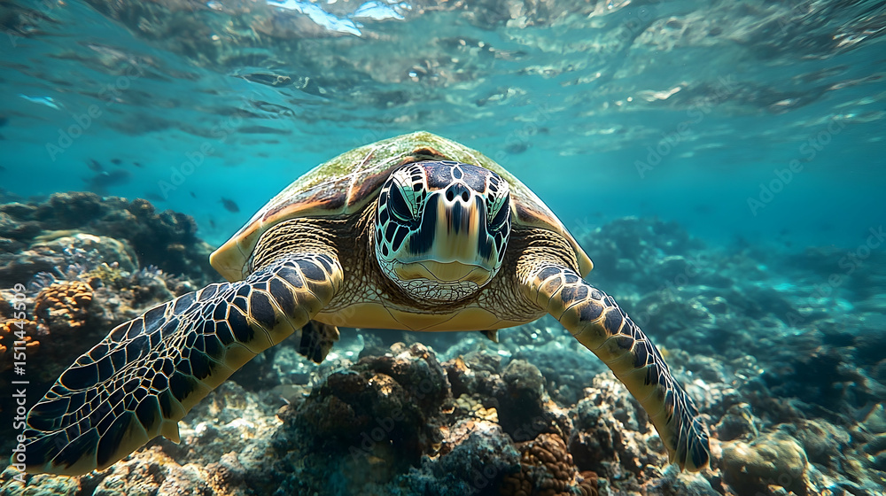 Fototapeta premium Sea turtle swimming amidst coral reef.