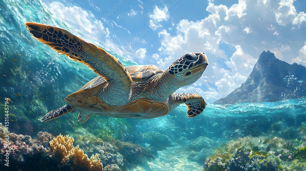 Obraz premium Majestic sea turtle glides through vibrant underwater scene.