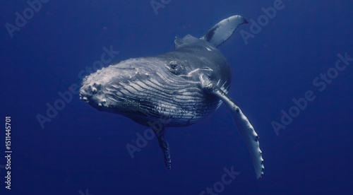 Fantastic closeup humpback whale gently dancing in blue water close to surface, light shimmering. Concept of natural habitat wildlife marine animals of Tonga. Underwater shot full body whale.