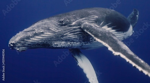 Fantastic closeup humpback whale gently dancing in blue water close to surface, light shimmering. Concept of natural habitat wildlife marine animals of Tonga. Underwater shot full body whale.