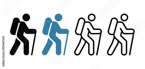 Hiking Icons Set Black Blue Line Style Backpacker Walking Stick