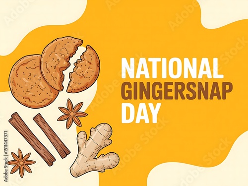 Illustration for national gingersnap day with cookies and spices on a yellow background photo
