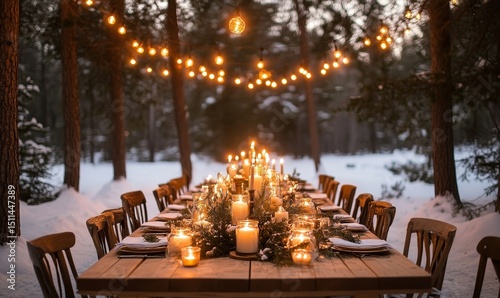 elegant dining table set outdoors in a snow-covered clearing adorned with glowing candles and garlands, Generative AI