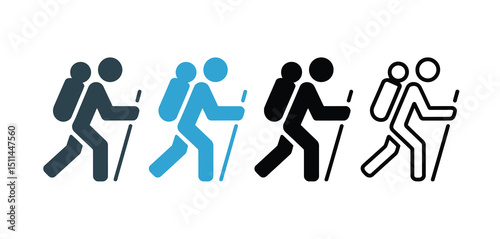 Hiking Icons Set Backpacker Trekking with Poles