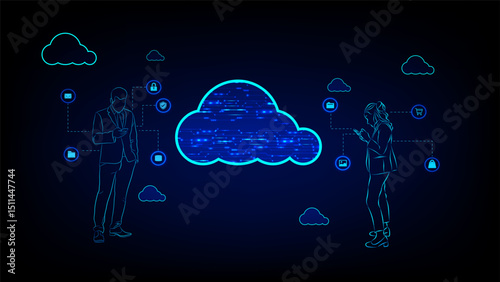 Illustration cloud computing with two users accessing data smartphones, representing digital data storage and secure communication