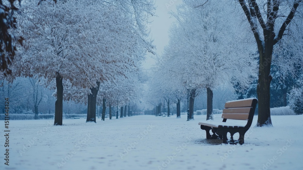 tranquil winter park with a lone bench covered in snow and frosted trees lining the path, Generative AI tranquil winter park with a lone bench covered in snow and frosted trees lining the path, Generative AI