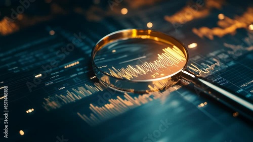 A clear magnifying glass sitting on top of a material with statistics on it moving, financial reports company papers, science and technology