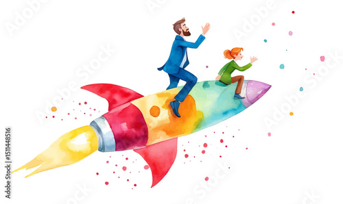 3D Illustration of Businessman Billy Flying on Rocket – Startup Launch and Success Concept.
