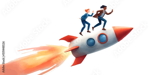 3D Illustration of Businessman Billy Flying on Rocket – Startup Launch and Success Concept.