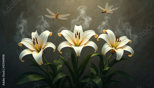 White Lilies Emerging From Smoke Against Dark Background
