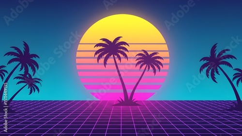 Summer Doodle Pattern Hand drawnAesthetic purple sunset with palm trees and glowing horizon