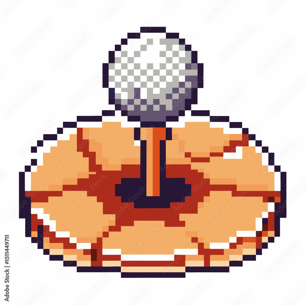 Fototapeta premium Pixelated golf ball on tee, retro 8 bit orange background