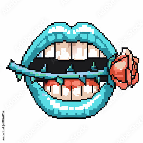Pixel art blue lips holding red rose, vibrant retro expression