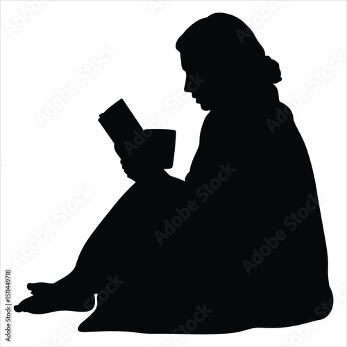 Black silhouette vector of a person sitting or curled up in a cozy position, possibly wrapped in a blanket, holding a warm mug or book