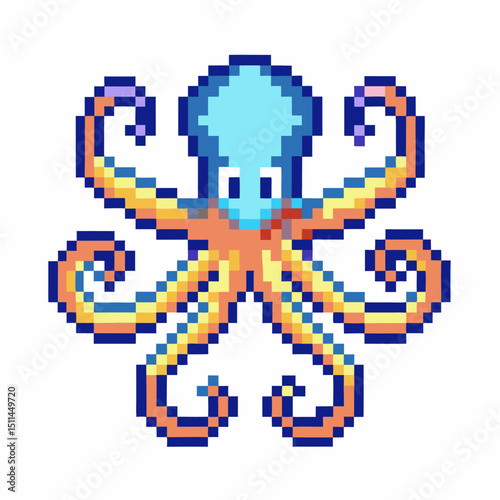 Pixel art octopus retro video game graphic, 8 bit cephalopod, vibrant colors