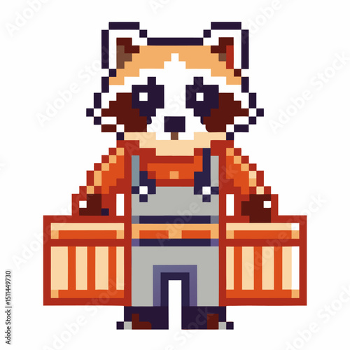 pixel art raccoon in orange overalls holding boxes retro video game character, retro animal design