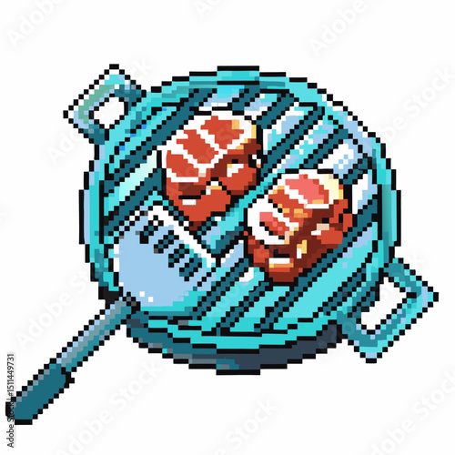 pixel art hamburgers grilling on pan retro gaming vibrant digital illustration